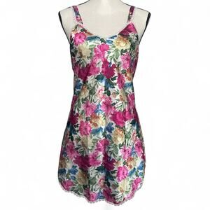 Vintage Sleep Solutions Floral Satin Short Nightgown Lace Trim S/M